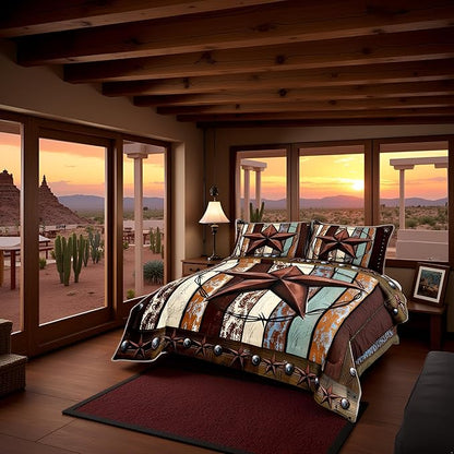 Western Texas Star Kids Comforter Set King Size,Vintage Wooden Plank Bedding Set,Girls Boys Adults Bedroom Decor,Rustic Farmhouse West Cowboy Down Comforter,Brown Retro Duvet Insert,2 Pillowcases