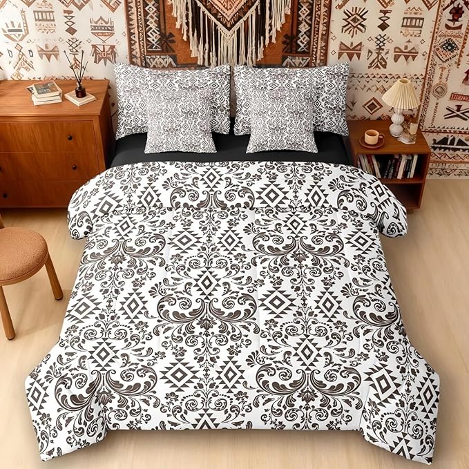 Comforter Set Twin Size, Terra Brown Damask Aztec 7 Pcs Bedding for Kids and Adults, Baroque Western Boho Gothic Floral Bed Sheet Sets with Fitted Sheet 2 Pillowcases & 2 Shams for Bedroom Bed Decor