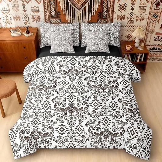 Comforter Set Twin Size, Terra Brown Damask Aztec 7 Pcs Bedding for Kids and Adults, Baroque Western Boho Gothic Floral Bed Sheet Sets with Fitted Sheet 2 Pillowcases & 2 Shams for Bedroom Bed Decor