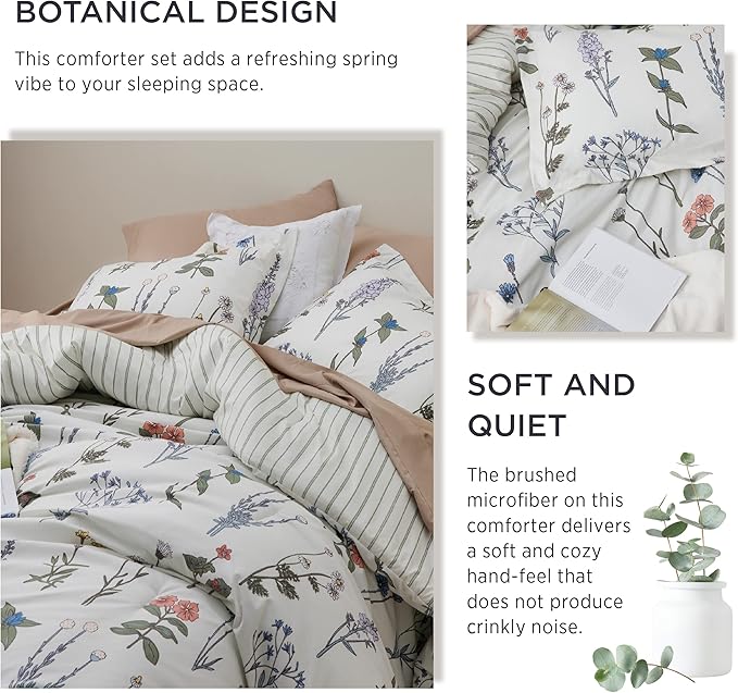 Bedsure Comforter Set King Size - Cute Floral Bedding Comforter Set, 3 Pieces, 1 Soft Reversible Coconut White Botanical Flowers Comforter and Pillow Shams