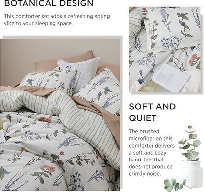 Bedsure Comforter Set King Size - Cute Floral Bedding Comforter Set, 3 Pieces, 1 Soft Reversible Coconut White Botanical Flowers Comforter and Pillow Shams