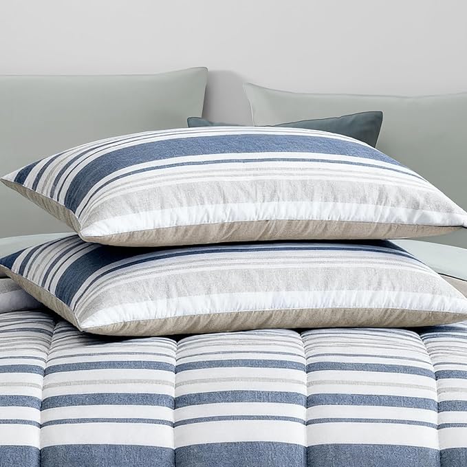 Monbix King Size Comforter Set - 7 Pieces Bed in a Bag King, Ocean Blue-Stripe Bedding Sets, All Seasons Comforter Bed Set with Sheets, Pillowcases & Shams