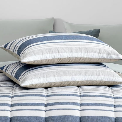 Monbix King Size Comforter Set - 7 Pieces Bed in a Bag King, Ocean Blue-Stripe Bedding Sets, All Seasons Comforter Bed Set with Sheets, Pillowcases & Shams