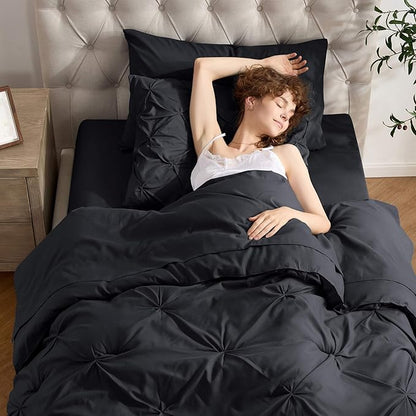 Nestl Twin Comforter Set 5 Piece - Pintuck Twin Bedding Sets Black, College Dorm Room Essentials for Girls and Boys Bed in a Bag Twin All Season, Twin Comforter Set with Sheets, Pillowcase and Sham