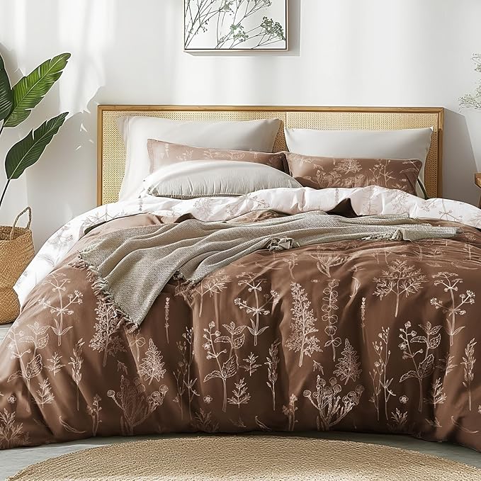 Love's cabin Chocolate Comforter Set King - King Size Comforter Set, 3 Pieces Cute Floral Bedding Sets for All Seasons,1 Soft Reversible Botanical Flowers Comforter and 2 Pillow Shams