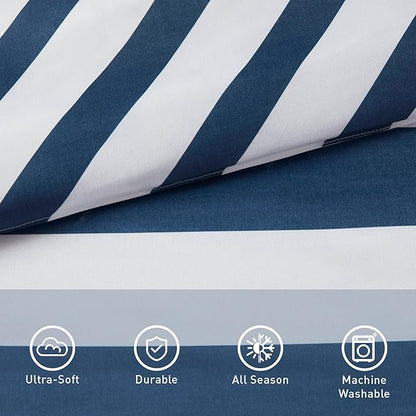 Reversible Striped Twin Comforter Set, Soft Microfiber Bedding Set with Double-Sided Stripes Design, Warm & Cozy for All-Seasons, 2-Piece Comforter and Sham Set Twin Size, Navy