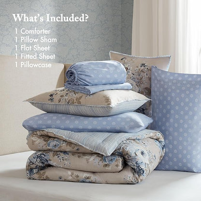 Madison Park Essentials Floral Comforter Set Twin XL Size, Vintage Flower Bedding Set with Sheet Set, 5 Pieces Bed in a Bag, Reversible Botanical Comforter, Pillowcases & Shams, Heather, Beige/Blue