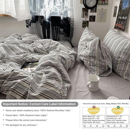 mixinni Vintage Grey & White Striped Comforter Set Full Size - Soft Washed Cotton 3-Piece Neutral Bedding Set, Retro Geometric Pattern, All-Season Breathable & Fluffy for Men, Boys