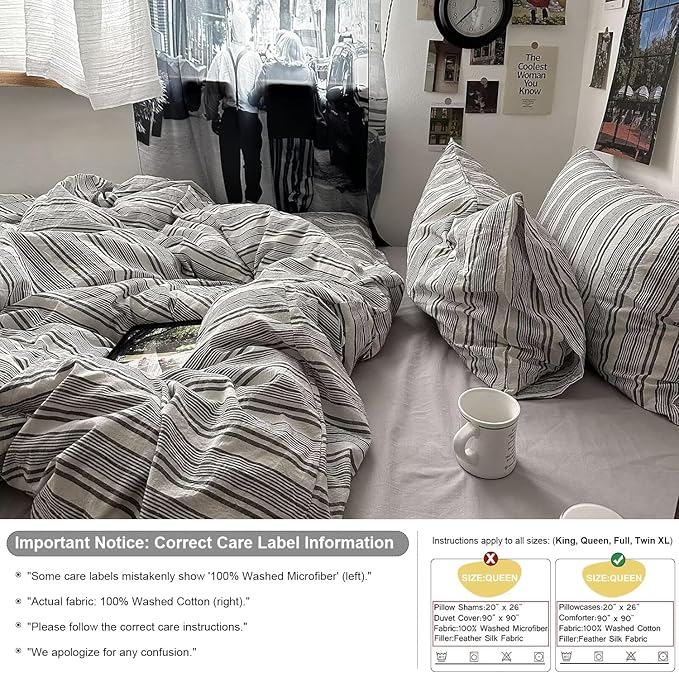 mixinni Vintage Grey & White Striped Comforter Set Queen Size - Soft Washed Cotton 3-Piece Neutral Bedding Set, Retro Geometric Pattern, All-Season Breathable & Fluffy for Men, Boys