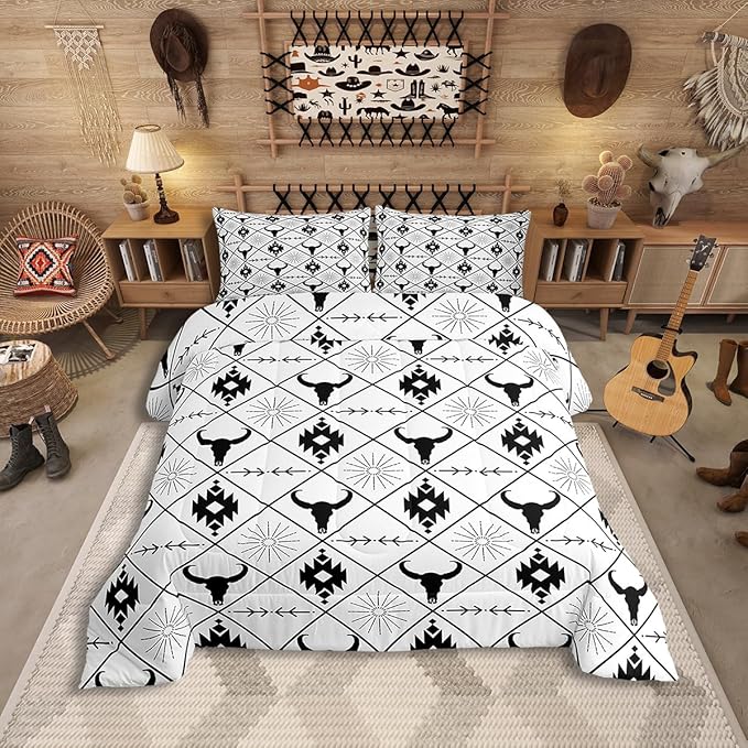 Erosebridal Boys Bull Skull Comforter Set Toddler Size, Ethnic Western Horns Bedding Set Teens Tribal Aztec Boho Southwestern Duvet Insert Farmhouse Animal Vintage Quilt, 1 Pillow Case, Black White