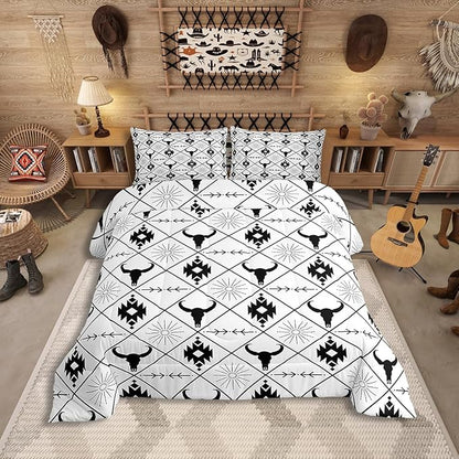 Erosebridal Boys Bull Skull Comforter Set Toddler Size, Ethnic Western Horns Bedding Set Teens Tribal Aztec Boho Southwestern Duvet Insert Farmhouse Animal Vintage Quilt, 1 Pillow Case, Black White