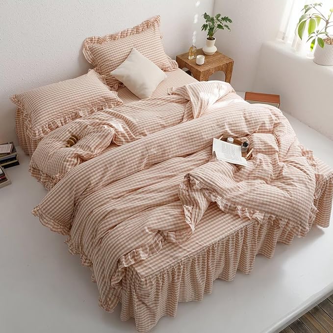 mixinni Vintage Pink Gingham Ruffle Comforter Set 3-Piece Washed Cotton Twin XL Size Grid Bedding Set with Geometric Checkered Pattern, Farmhouse Chic Soft Fluffy Comforter for All-Season