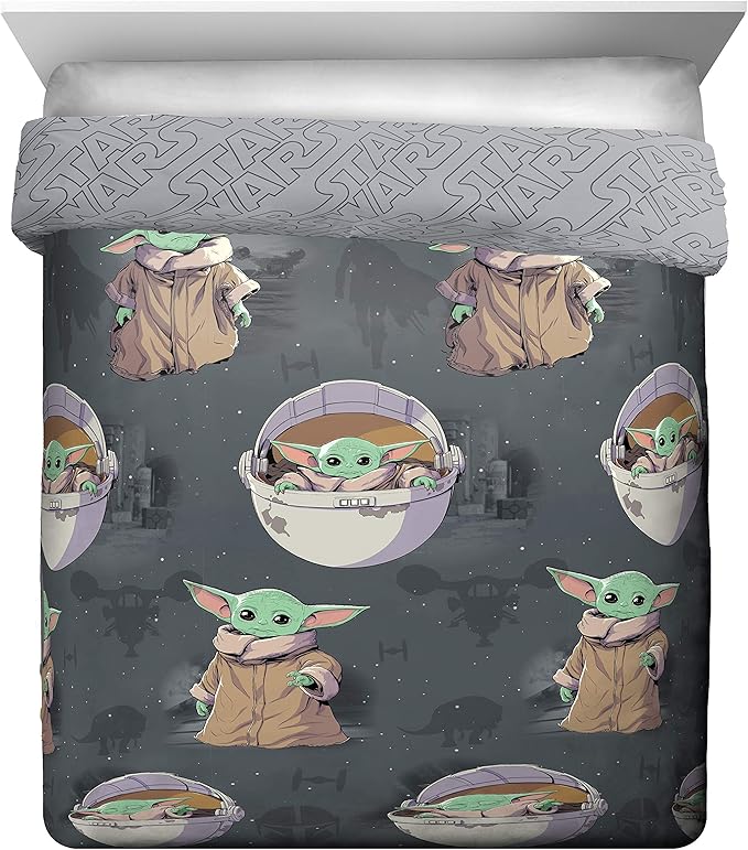 Jay Franco Star Wars The Mandalorian The Child 5 Piece Queen Bed Set - Includes Reversible Comforter & Sheet Set - Bedding Features Baby Yoda - Super Soft Fade Resistant Microfiber Official Product