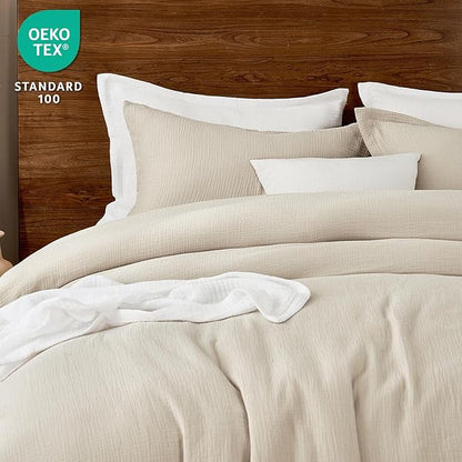 PHF Cotton Muslin Comforter Set Queen Size, Ultra Soft, Breathable & Lightweight All-Season Bedding, Filling: 100% Polyester, 3 Pieces with 1 Comforter 90"x90" and 2 Pillow Shams 20"x26", Natural