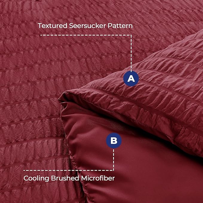 HYMOKEGE Burgundy Queen Comforter Set Seersucker 7 Pieces, All Season Luxury Bed in a Bag for Bedroom, Bedding Set with Comforters, Sheets, Pillowcases & Shams