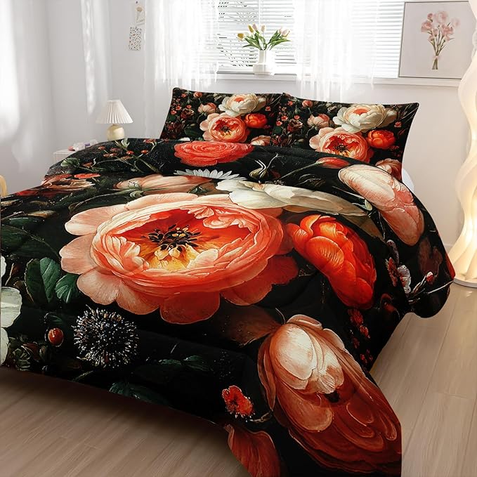 Colorful Flower Comforter Set Queen Size 3 PCS Bed in a Bag,Cute Floral Bedding Set for Girls Teens,Ultra Soft Microfiber Comforter Bed Set with 3-Pieces, Floral Bedroom Decor