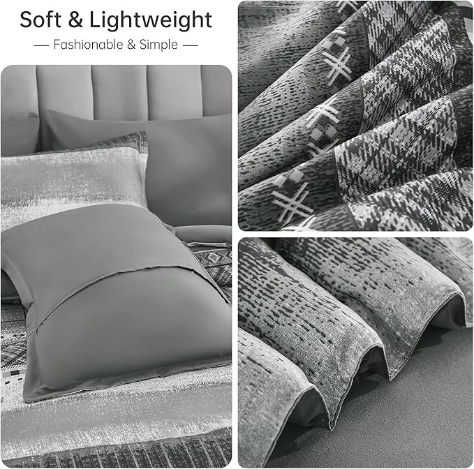 WONGS BEDDING 8 Piece King Size Comforter Set, Texture Striped Bed in a Bag Grey Comforter and Sheet Set, Boho Lightweight Microfiber Bedding Set for All Season (90"×104")