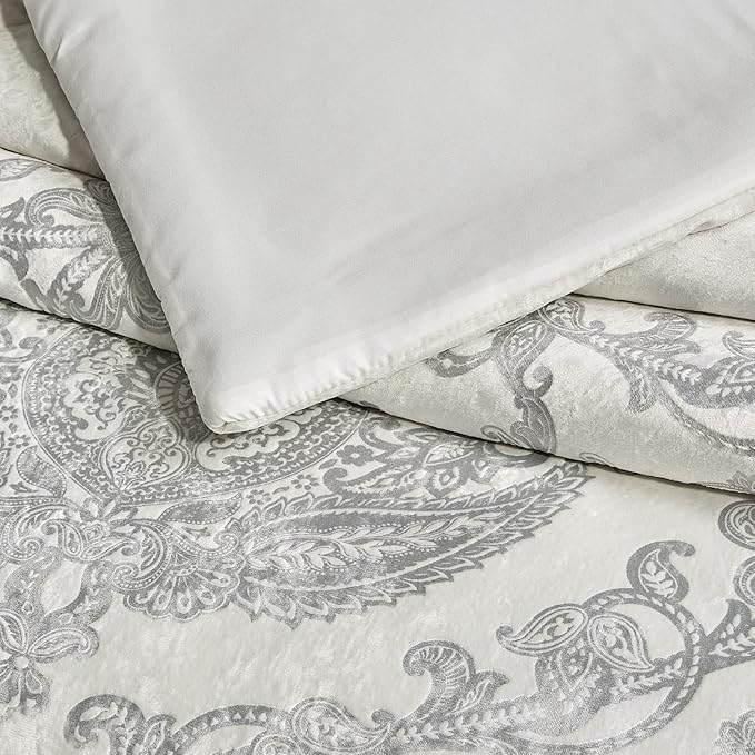 Sunshine Nicole Metallic Print Comforter Set, Distressed Velvet Face with Metallic Print and Brushed Solid Microfiber Reverse, with Light Weight Soft Poly Fill, 5 Pieces Light Ivory Silver, King