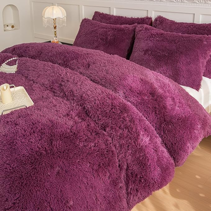 chovy Faux Fur Plush Grape Purple Comforter Sets Twin - Ultra Soft Shaggy Flannel Velvet Fluffy Fuzzy 3PC Bedding Set （Comforter x 1 Pillowcases x 2）