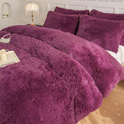 chovy Faux Fur Plush Grape Purple Comforter Sets Queen - Ultra Soft Shaggy Flannel Velvet Fluffy Fuzzy 3PC Bedding Set （Comforter x 1 Pillowcases x 2）