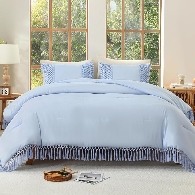 Andency Comforter King Size Set Light Blue, 3 Pieces Boho Tassel Lightweight Fluffy Bedding Comforters & Sets, Soft All Season Bed Set (104x90In Comforter & 2 Pillowcases)