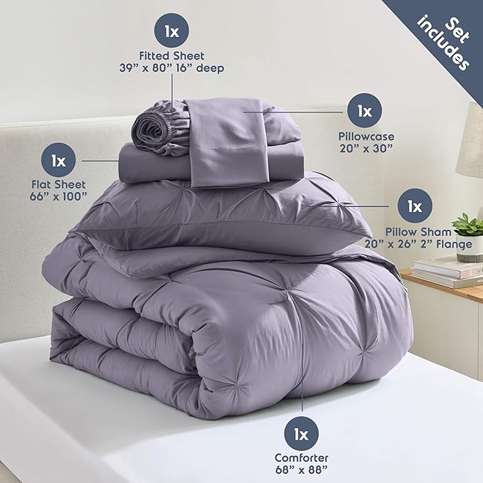 Nestl Twin XL Comforter Set 5 Piece - Pintuck Twin XL Bedding Set Dusty Purple, College Dorm Essentials Bed in a Bag, Twin XL Comforter Set for College Girls and Boys with Sheets, Pillowcase and Sham