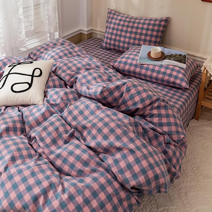 HighBuy Full Size Comforter Set Purple Gingham Bedding Set 3 Pieces for All Season,Modern Chic Plaid Checkered Pattern Comforter Set Breathable Fluffy,Plaid Grid Comforter with 2 Pillowcases