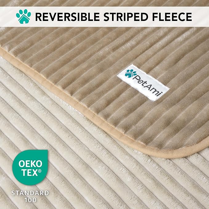 PetAmi Waterproof Dog Blanket, Leakproof Pet Blanket for Small Medium Large Dogs, Reversible Furniture Bed Sofa Couch Cover Protector, Plush Striped Pet Throw for Indoor Cat, 24x32 in, Taupe Beige
