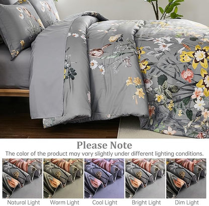 WONGS BEDDING Queen Comforter Set 7 Piece, Grey Floral Bed in a Bag Bedding Set with Botanical Flowers Patterns, Soft Lightweight Complete Comforters with Sheets for All Season