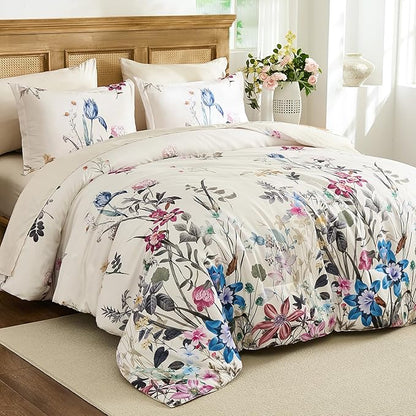 WONGS BEDDING Floral Comforter Set King, 7 Piece Beige Bed in a Bag Bedding Set with Botanical Flowers Patterns, Soft Lightweight Complete Comforters with Sheets for All Season