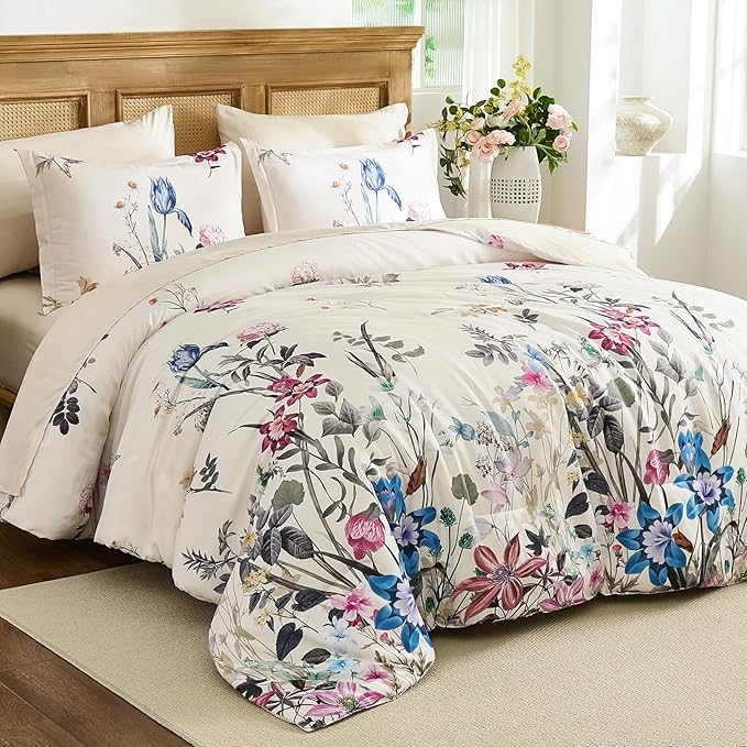 WONGS BEDDING Floral Comforter Set Queen, 7 Piece Beige Bed in a Bag Bedding Set with Botanical Flowers Patterns, Soft Lightweight Complete Comforters with Sheets for All Season