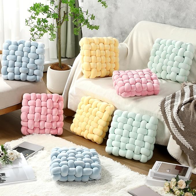 Wenqik 2 Pcs Knot Pillows Square Knotted Plush Throws Soft Accent Pillows Decoration Cushion for Couch Home Office Living Room Bedroom Bed Sofa Decor, 12'' x 13''(Pink,Crystal Velvet)