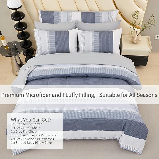 RYNGHIPY Queen Size Bed Sets 8 Pieces: Light Grey Stripe Bedding Comforter Sets Soft Fluffy Microfiber Bed in A Bag All Season Bedding Set (Queen,Light Grey)