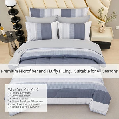 RYNGHIPY Queen Size Bed Sets 8 Pieces: Light Grey Stripe Bedding Comforter Sets Soft Fluffy Microfiber Bed in A Bag All Season Bedding Set (Queen,Light Grey)
