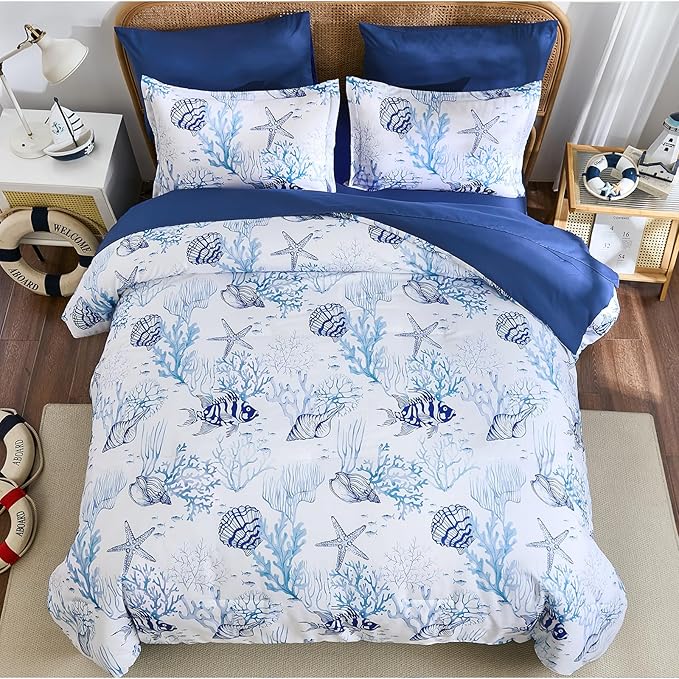 WONGS BEDDING Coastal King Size Comforter,7 Pieces Beach Nautical Themed Bed in a Bag Bedding Set,Ocean Coral Starfish Pattern Soft Comforters for All Season, 96 * 104"