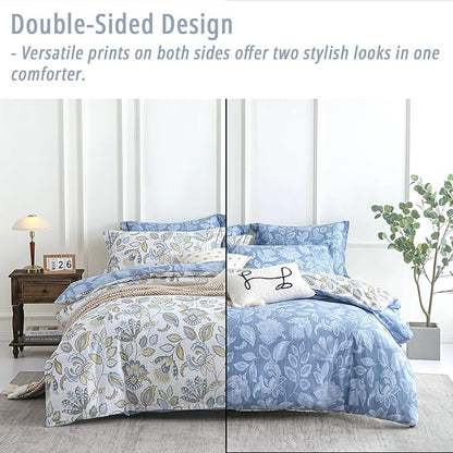 Vintage Botanical Cotton Comforter King Size 3PC - Lavish Floral on Bluish White with Frost Blue Back, Reversible Lightweight Comforter Set with Soft Fill(104"×90")