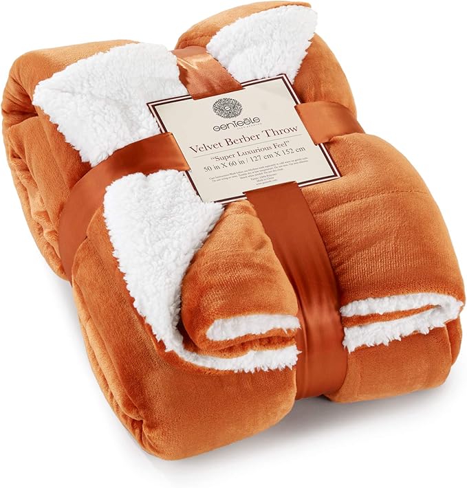 Genteele Sherpa Throw Blanket Super Soft Reversible Ultra Luxurious Plush Blanket, 50 x 60 inches, Burnt Orange/White