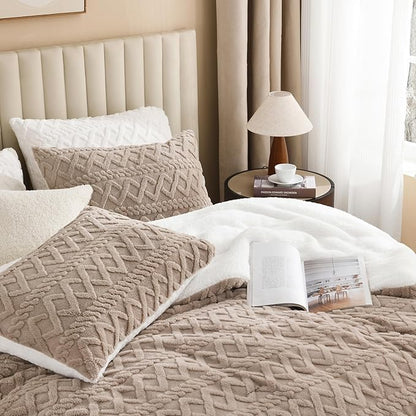 Andency Fluffy Sherpa Full Comforter Set, Super Soft Khaki Fleece Warm Bedding for Winter, Luxury Jacquard Boho Thick Fuzzy Plush Bed Set 3 Pieces(1 Shaggy Comforter, 2 Pillowcases)