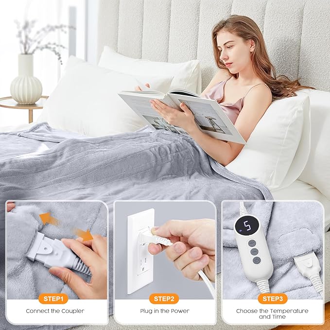 HYLEORY Heated Electric Blanket Throw, 2-Layer Cozy Warm Flannel 62" x 84", Heating Blanket with 9 Heating Levels, 2/4/6/10 Hours Auto Off, Fast Heating Winter Blanket, Light Grey