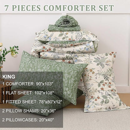 WONGS BEDDING Floral Comforter Set King Size,7 Pieces Bed in a Bag Flower Bedding Sets Botanical Microfiber Comforter Soft Loghtweight Bed Set with Sheet,Pillowcases&Shams