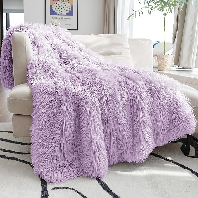 JONIYEAR Oversized Decorative Fluffy Faux Fur Throw Blanket Twin Size 60" x 71", Soft Luxury Lightweight Furry Blankets, Accent Cozy Shaggy Plush Thick Warm Fuzzy Blanket for Winter Bed Sofa, Purple