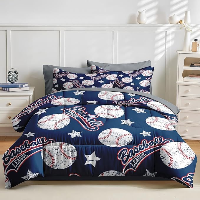 Nesker 7 Pcs Comforter Set Full Size, Red White Blue Baseball Boys Bedding Set for Kids and Adults, Kids Vintage Ball Sports Bed Sheet Sets with Fitted Sheet 2 Pillowcases & 2 Shams