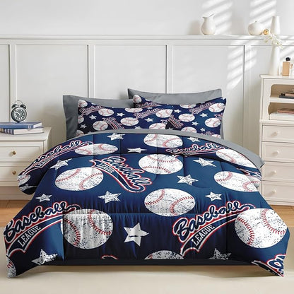 Nesker 7 Pcs Comforter Set Full Size, Red White Blue Baseball Boys Bedding Set for Kids and Adults, Kids Vintage Ball Sports Bed Sheet Sets with Fitted Sheet 2 Pillowcases & 2 Shams