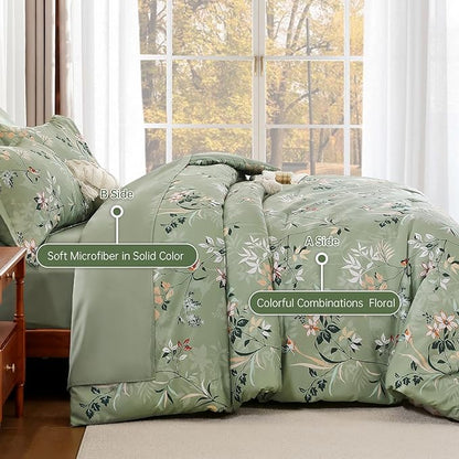 Green Queen Comforter Size Set, 7 Pieces Floral Bed in a Bag Bedding Sets, Lightweight Soft Comforter and Sheet Set, All Season Microfiber Flower Bedding Sets