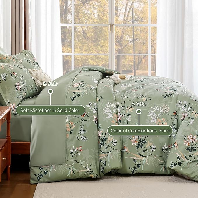 Green King Comforter Size Set, 7 Pieces Floral Bed in a Bag Bedding Sets, Lightweight Soft Comforter and Sheet Set, All Season Microfiber Flower Bedding Sets