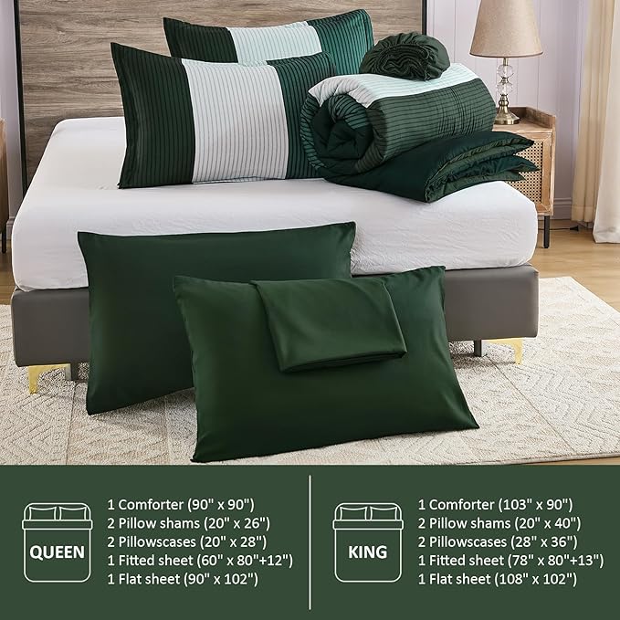 Anibedding Dark Green Comforter Set Queen, 7 Piece Green Striped Bed in a Bag, Soft Microfiber All Season Bedding Set with Comforter, Sheets, Pillowcases & Shams