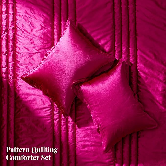 MUSSEL King Size Comforter Set Hot Pink 3 Pieces,Luxury Velvet Striped Bedding Comforter Sets,Elegant Lightweight Neutral Soft Fluffy King Comforter Sets for Bedroom
