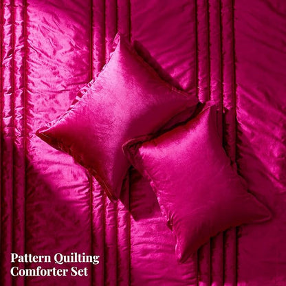 MUSSEL King Size Comforter Set Hot Pink 3 Pieces,Luxury Velvet Striped Bedding Comforter Sets,Elegant Lightweight Neutral Soft Fluffy King Comforter Sets for Bedroom