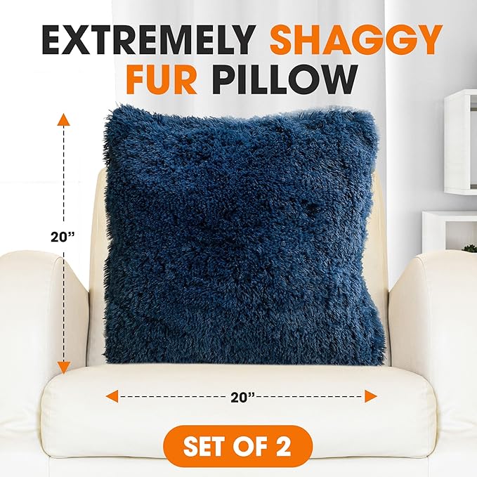 Cheer Collection Throw Pillows for Couch and Bed, Soft Shaggy Throw Pillows with Inserts Included, Cozy Long Hair Faux Fur Pillows - Set of 2-18" x 18" - Navy Blue