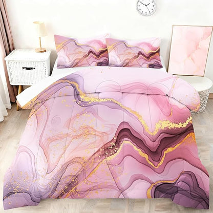 Queen Pink Marble Comforter Set for Girls Kids and Women Pink and Gold Marble Bedding Set for All Seasons Aesthetic Tie Dye Comforter for Girls Bed with 1 Quilt and 2 Pillowcases